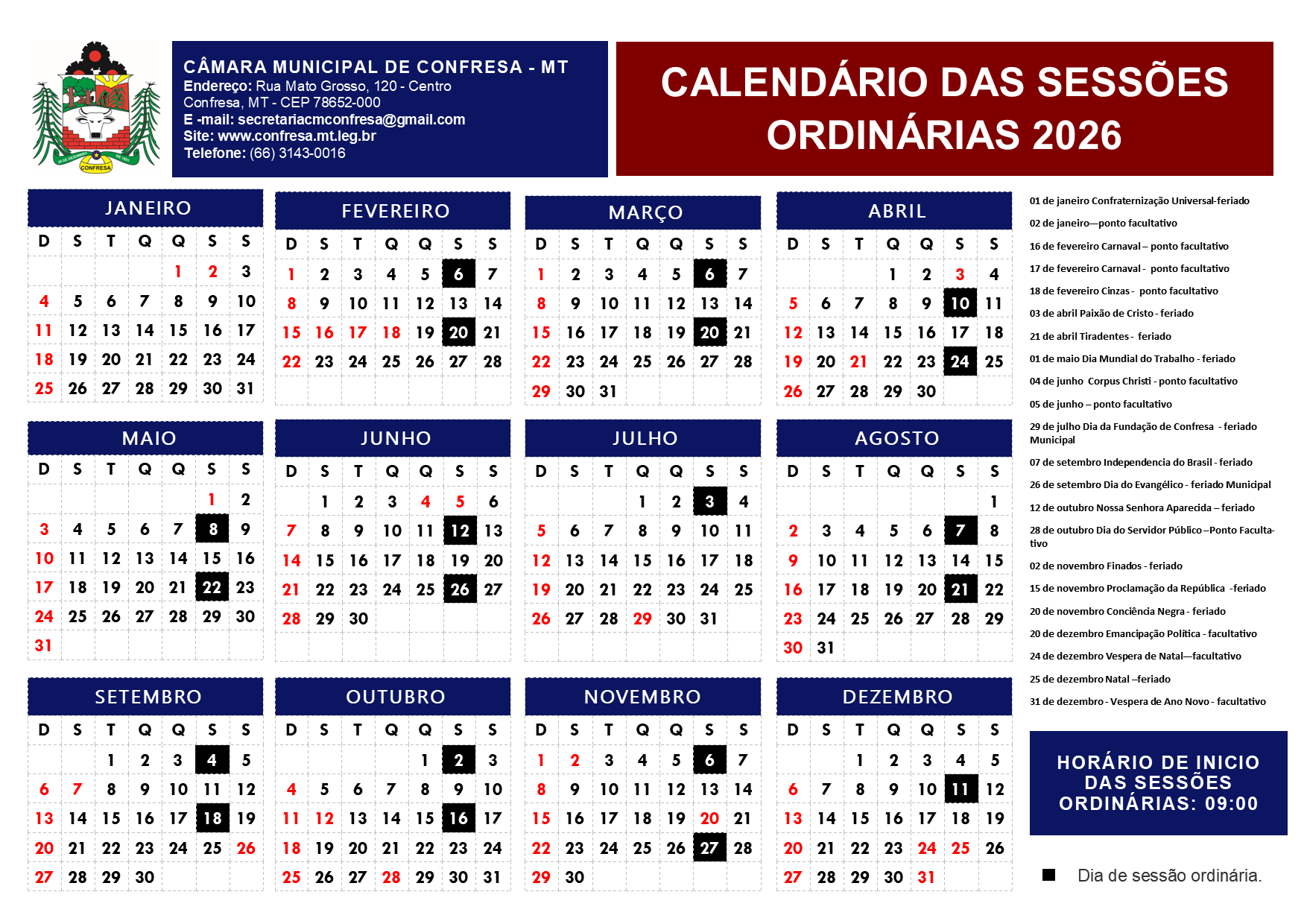 Calendário das Sessões Ordinárias 2026