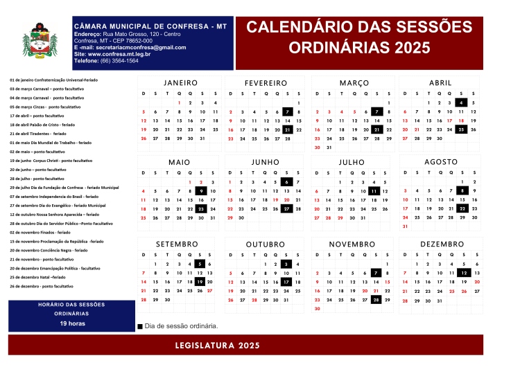 Calendário das Sessões Ordinárias 2025