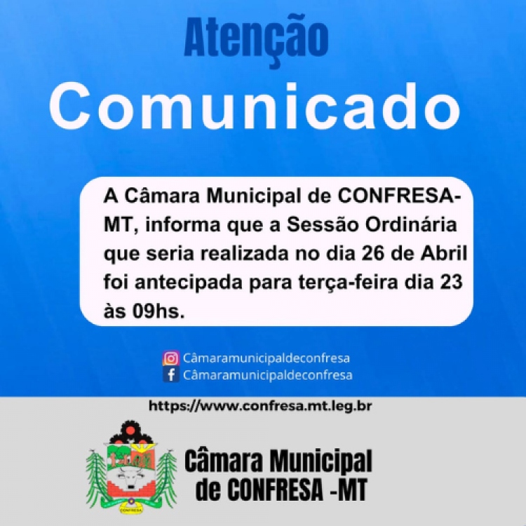 Sessão Ordinária antecipada para dia 23 ,Veja os Projetos em Pauta