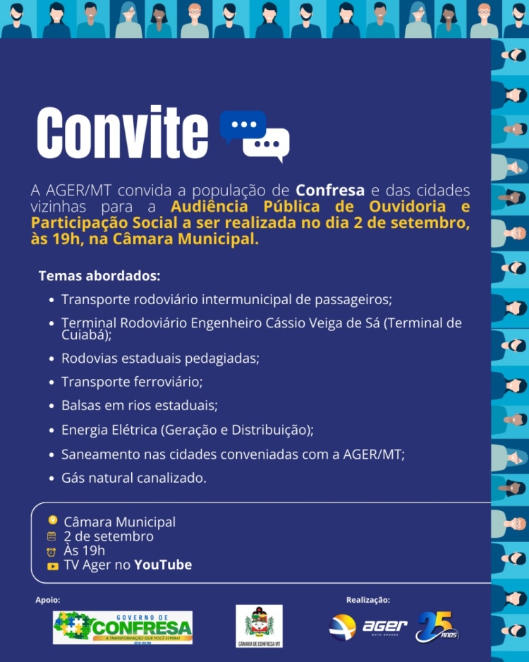 ✨📢 Atenção, comunidade! 📢✨  A Câmara Municipal convida toda a população para a Audiência de Ouvidoria e Participação Social da AGER-MT 🏛️, que acontecerá no dia 02/09 às 19 horas ⏰.  🙌 Sua presença é fundamental! Cada cidadão pode ajudar a mudar e melhorar nossa cidade 🌟. Juntos somos mais fortes 💪💙!