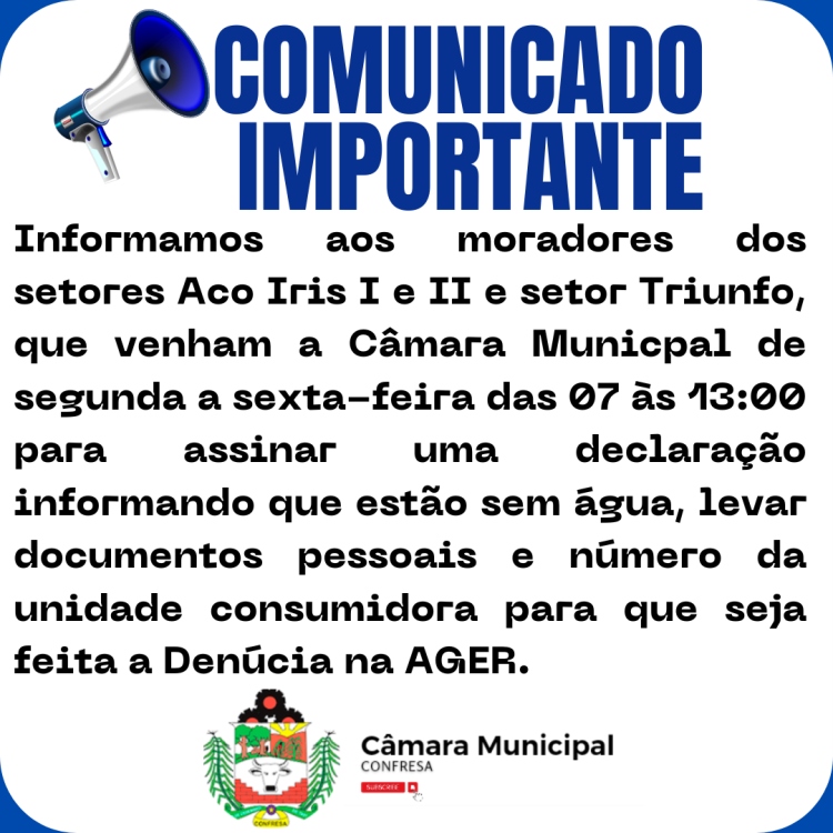 Atenção moradores dos setores Arco Íris I , II e setor Triunfo