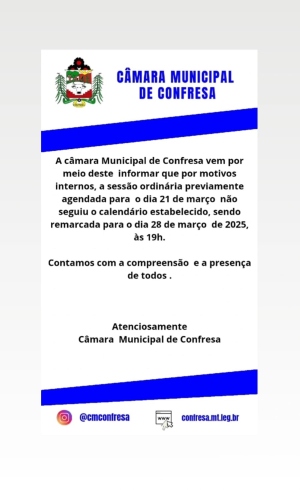Comunicado importante, alteração de Data da sessão ordinária