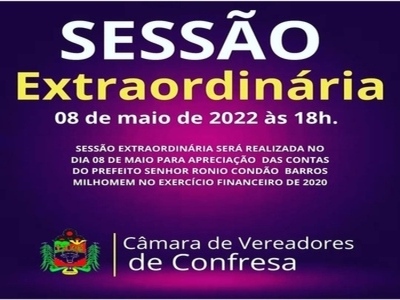 Sessão Extraordinária desta quarta-feira dia 08/06 para apreciação  das contas do Sr. Prefeito Ronio Condão Barros Milhomem  exercício 2020.