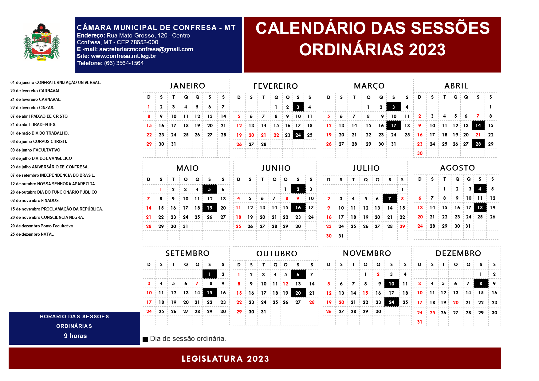 Calendário das Sessões 2023